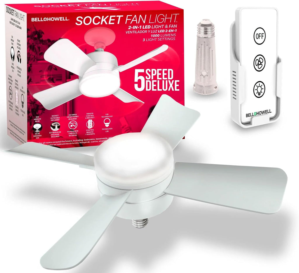 Bell+Howell Socket Breeze Light 5-Speed Deluxe LED – Ceiling Fans with Lights and Remote Control – For Bedroom, Kitchen, Living Room,1000 Lumens / 5000 Kelvins As Seen On TV