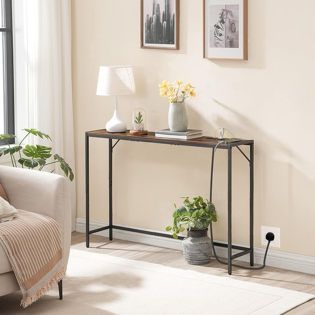 MAHANCRIS Narrow Console Table, 43.7" Sofa Table with Outlets, Rustic Brown