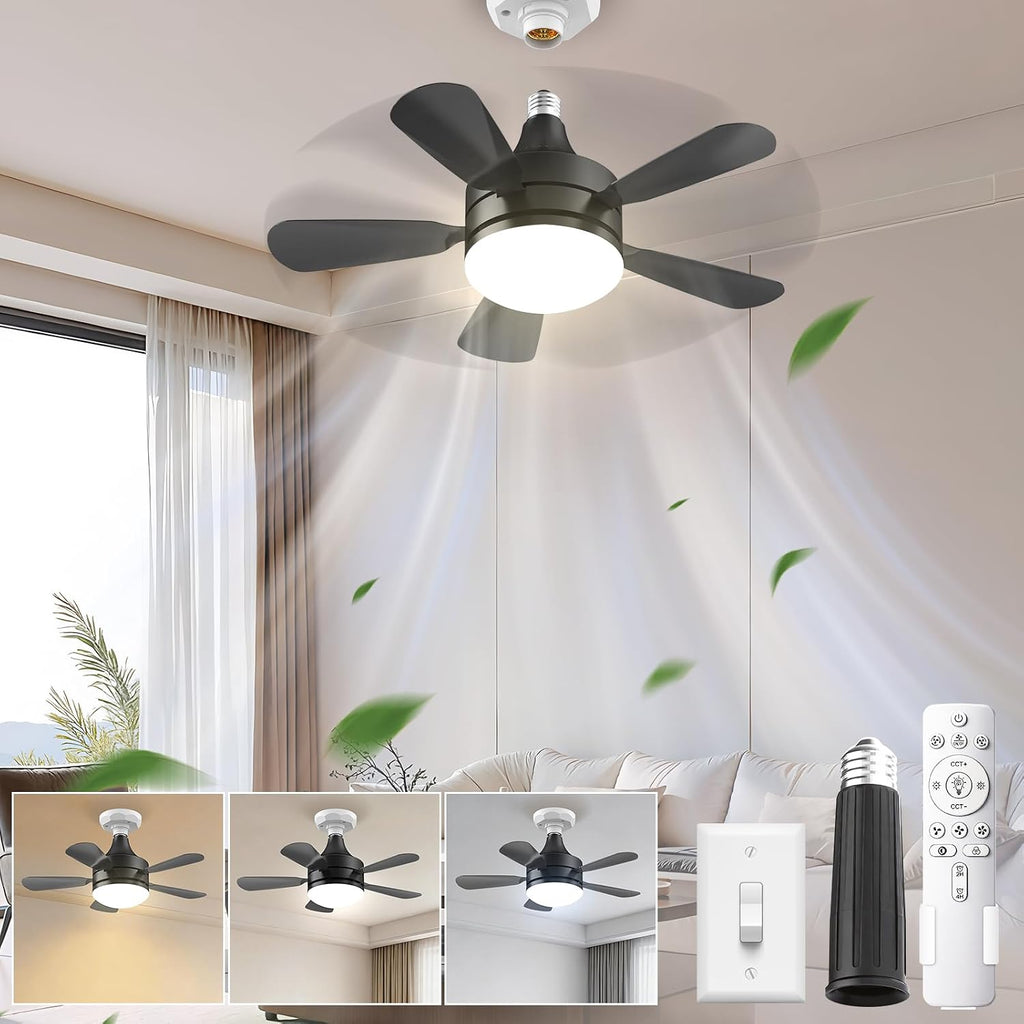 17.7" Socket Fan Light, Stepless Dimmable 3000K-6500K Small Ceiling Fans with Lights and Remote, 3000 Lumens E26/E27 Light Bulb Fan with Reversible Motor, for Bedroom Garage Kitchen Living Room