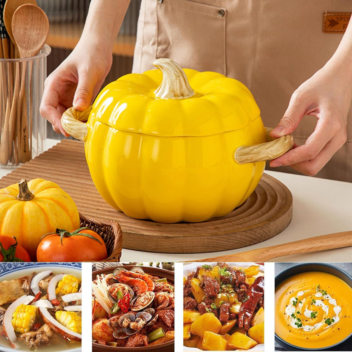 Dutch Oven Pot with Lid, Pumpkin Pottery Dessert Saucepan, Mini Baking Dish Cute Pumpkin Bowl, Covered Dutch Oven Ceramic Stockpot, Pumpkins-Shaped Casserole (Yellow)