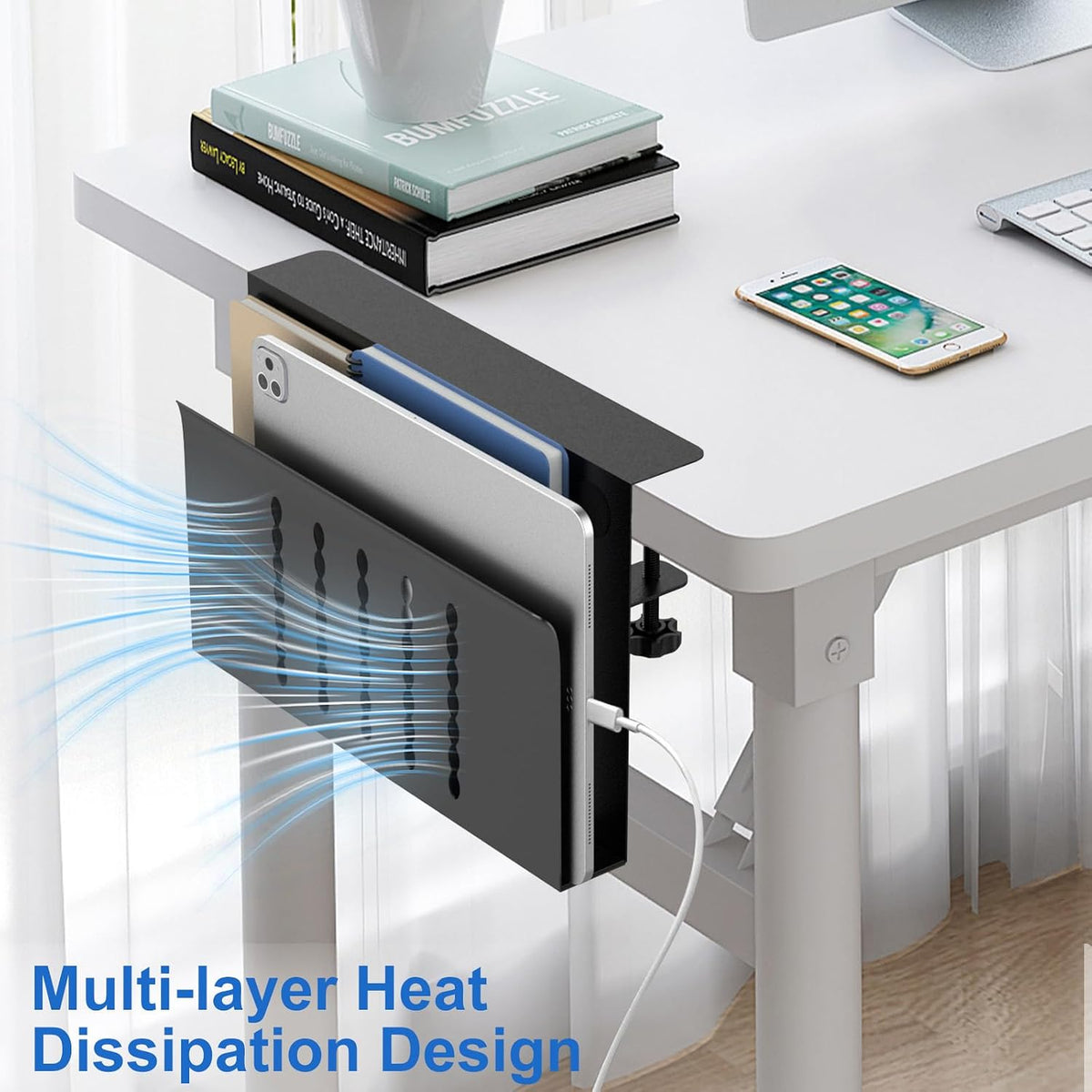 HAMOPY Desk Side Storage, Single-Layer Steel Hanging Desk Organizer with Magnetic Pen Holder, No Drilling Desk Drawer Cable Management Tray, Under Table Laptop Holder for Office, School&Home(Black)