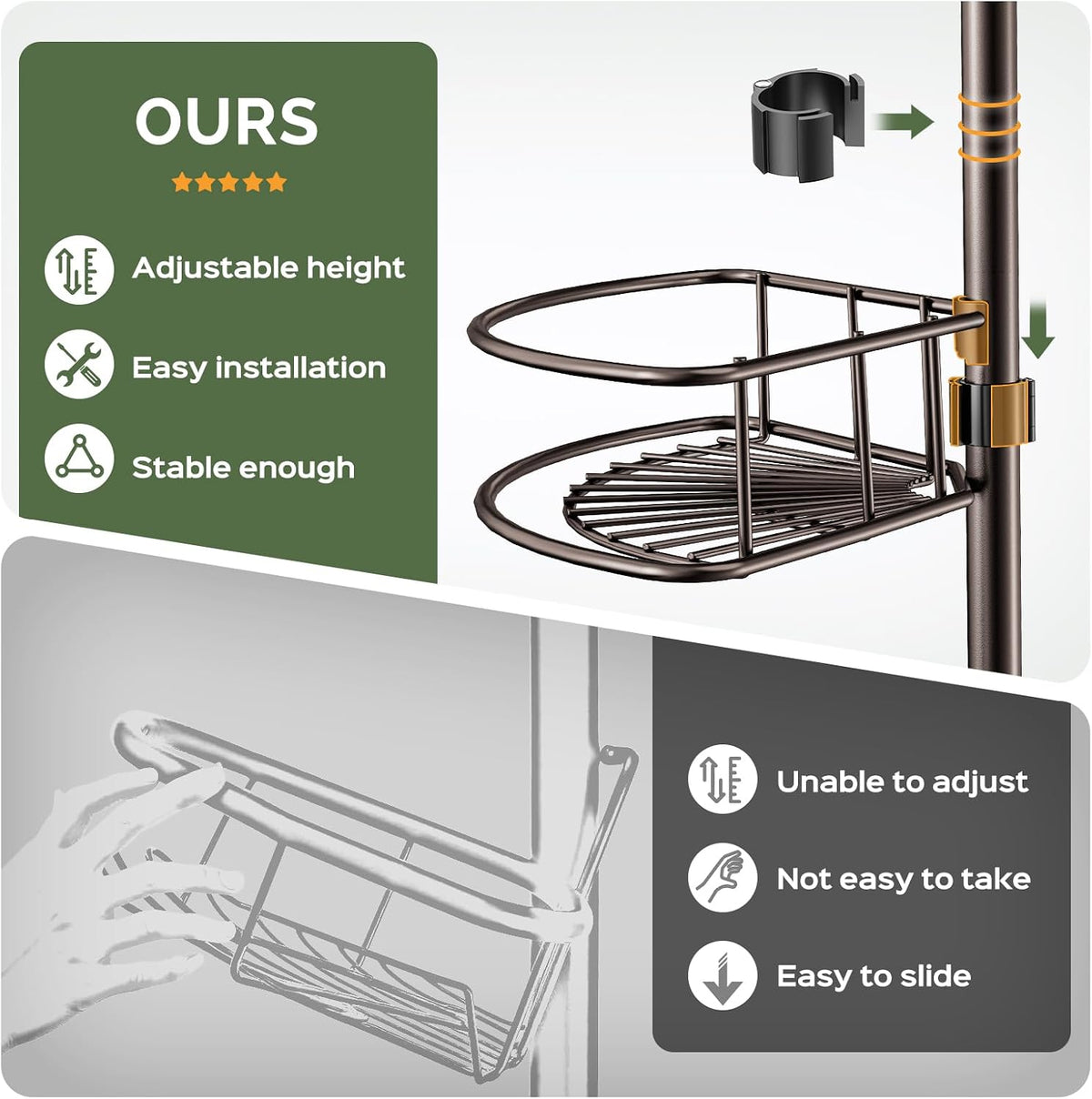HAMITOR Corner Bathroom Organizer, 4-Tier Tension Pole Shower Caddy, Bronze