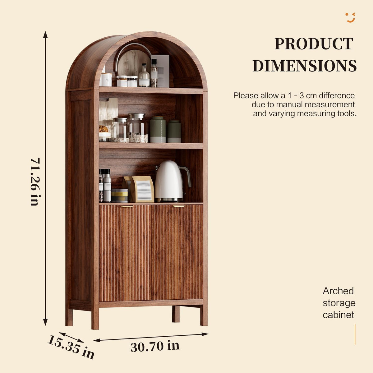 Ieejdn 71" Tall Arched Kitchen Pantry,Modern Fluted Wood Storage Cabinet with Doors,Adjustable Shelves,Organizer, Versatile Cupboard for Kitchen,Living Room,Dining Room,Bathroom,Brown
