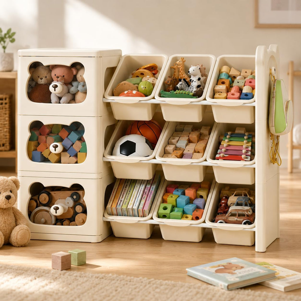 Toy Storage Organizer and Bookshelf with Drawers, Large 3-Tier, Beige