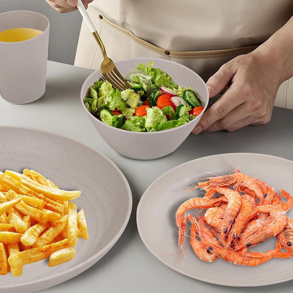 LIYH Beige 48 Pcs Unbreakable Wheat Straw Dinnerware Sets Kids RV BPA Free