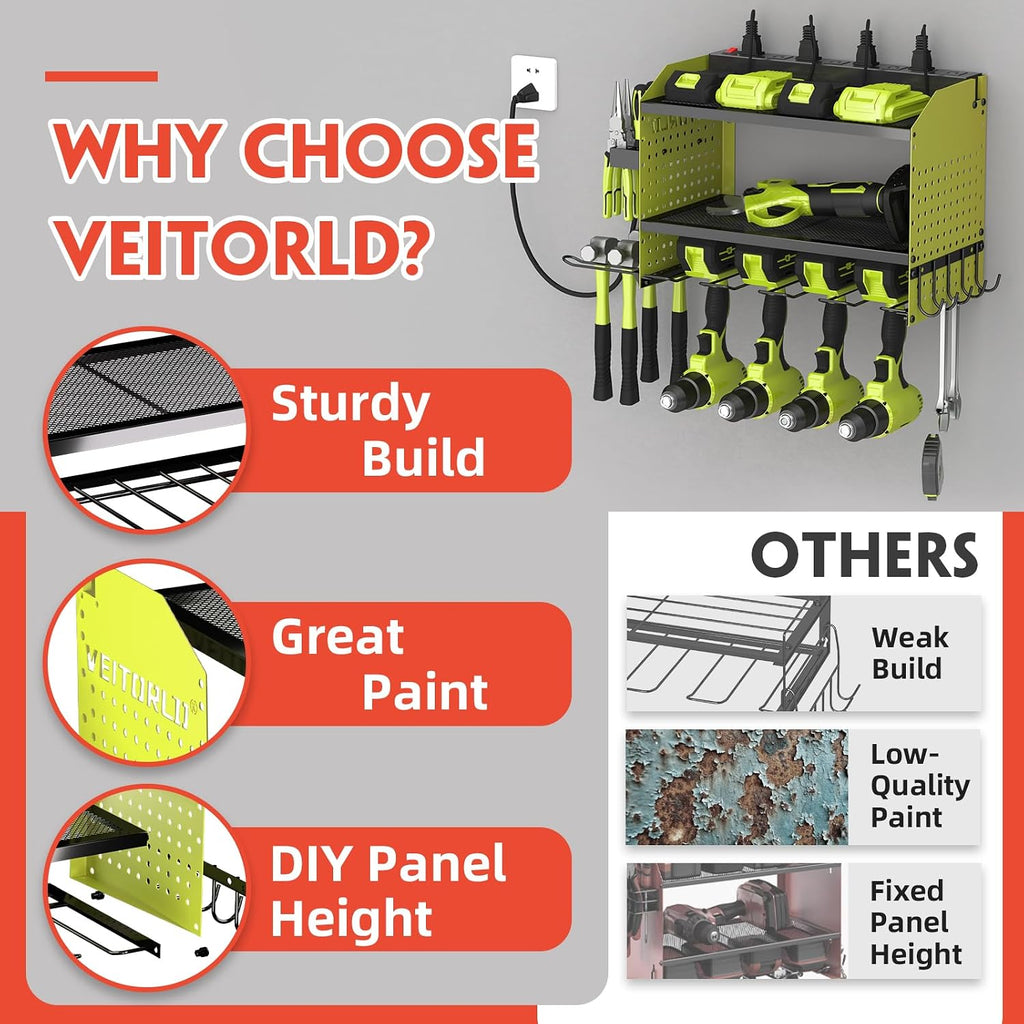Veitorld Power Tool Organizer with Charging Station, Heavy Duty Modular Wall Mount Rack for Garage & Shed Organization, 4 Drill Holders, Fathers Day Birthday Gifts for Him Men Dad Him Husband(Green)