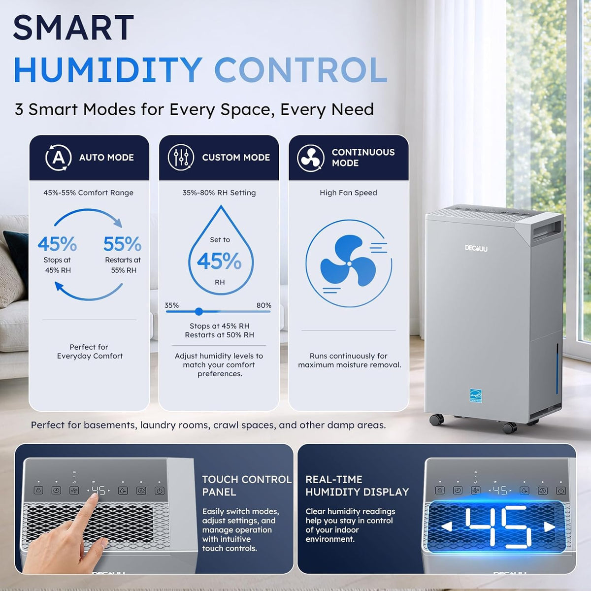 5000 Sq.Ft Dehumidifier, 100 Pint Smart Humidity Control, Drain Hose