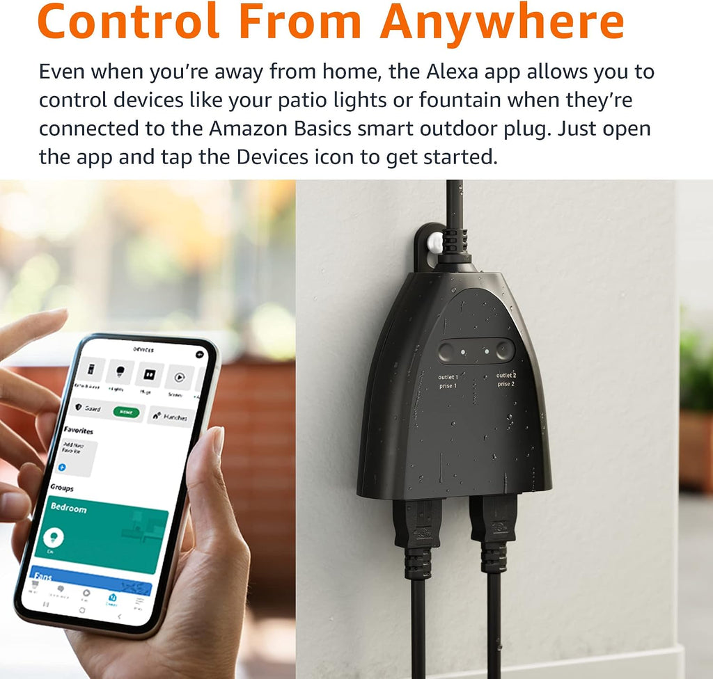 Amazon Basics Outdoor Smart Plug with 2 Individually Controlled Outlets, Works with Alexa Only, Voice Control, Weather Resistant, 2.4 GHz Wi-Fi, No Hub Required, Black