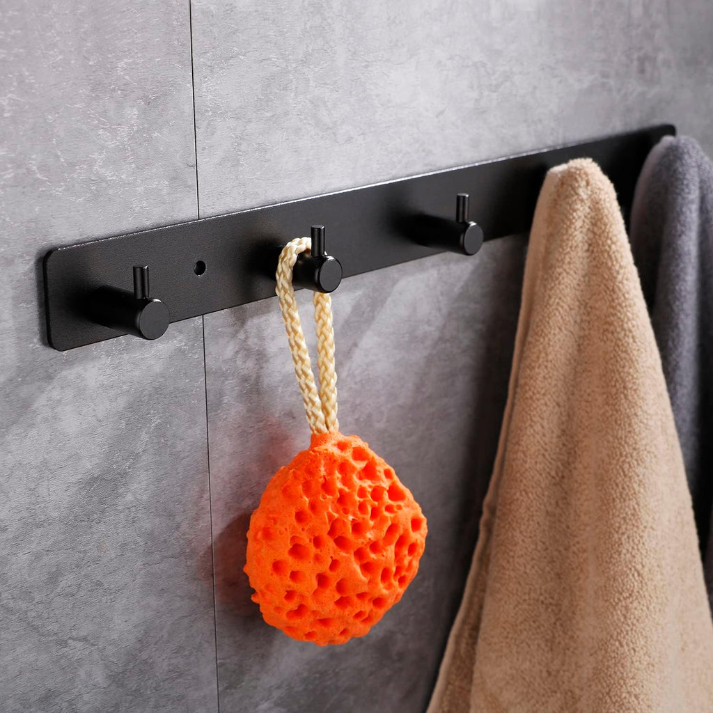 Black Wall Hooks, Matte Black Bathroom Hook Rail, Self Adhesive 5 Hooks Key Hook Rack Hanger Towel Robe Stick Hooks for Toilet Entryway Hallway Kitchen Wall Mounted