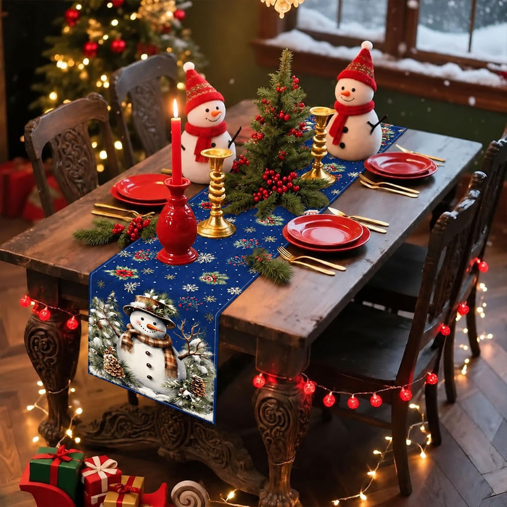 Xmas Snowman Table Runner Home Party Decor Christmas Snowflake Winter Seasonal Table Decoration for Dining Party Holiday Indoor Outdoor Decor 13x90 Inch