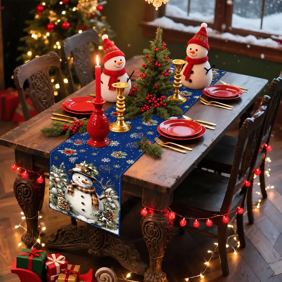 Xmas Snowman Table Runner Home Party Decor Christmas Snowflake Winter Seasonal Table Decoration for Dining Party Holiday Indoor Outdoor Decor 13x90 Inch