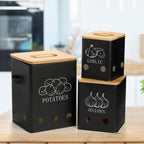 WUWEOT 3 Pack Vegetable Storage Tins, Potato Onion Garlic Storage Canister, Black Metal Vegetable Fresh Keeper Caddy, Kitchen Pantry Organizer Jars with Bamboo Lid and Aerating Holes
