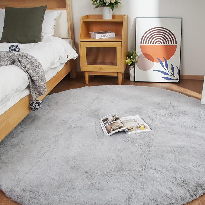 Ghouse Faux Rabbit Fur Round Rug 6ft Grey Round Rugs by Ghouse