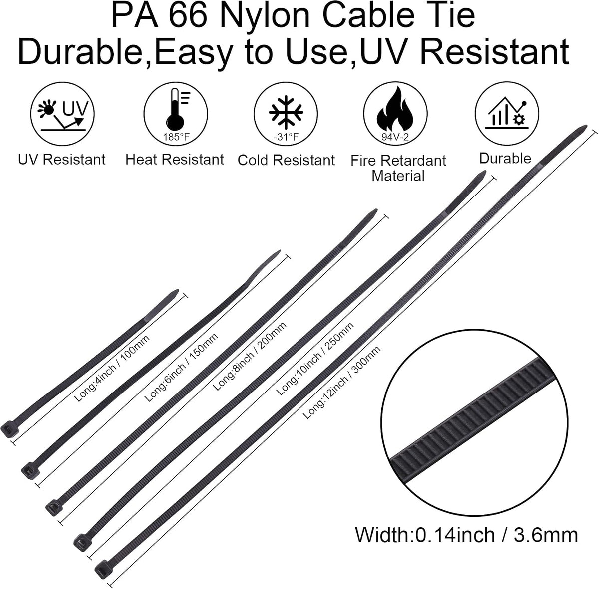 DTOL Cable Ties Assorted Sizes 4+6+8+10+12 Inch Zipties Heavy Duty Plastic Wire Ties UV Resistant Zip Ties Assortment Small Zip Tie Wraps Cord Management for Home, Office, Gardening, 700 Pack Black