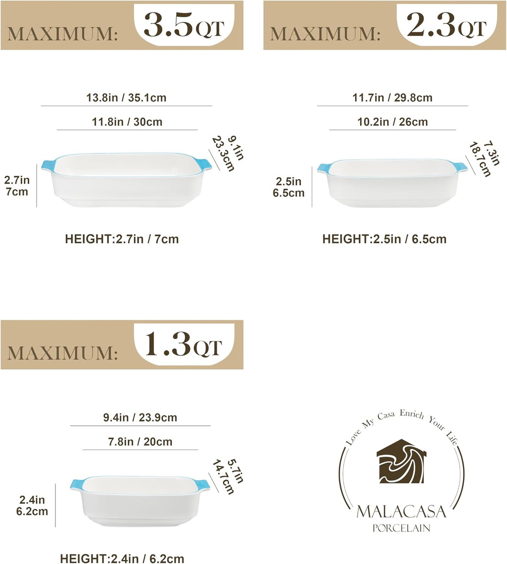 MALACASA Ceramic Baking Dishes Set of 3, Blue Trim Casserole for Oven, 9x13