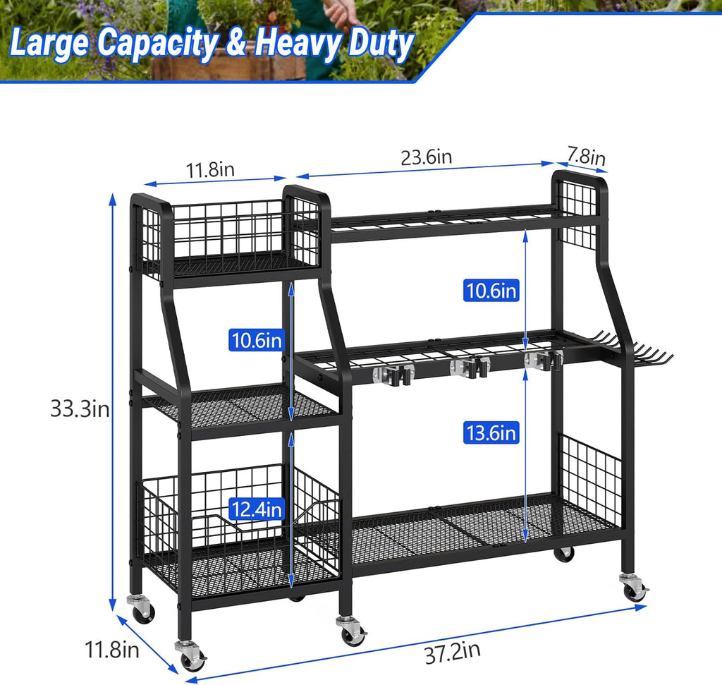 Heavy-Duty Garden Tool Organizer with 6 Wheels and 2 Baskets