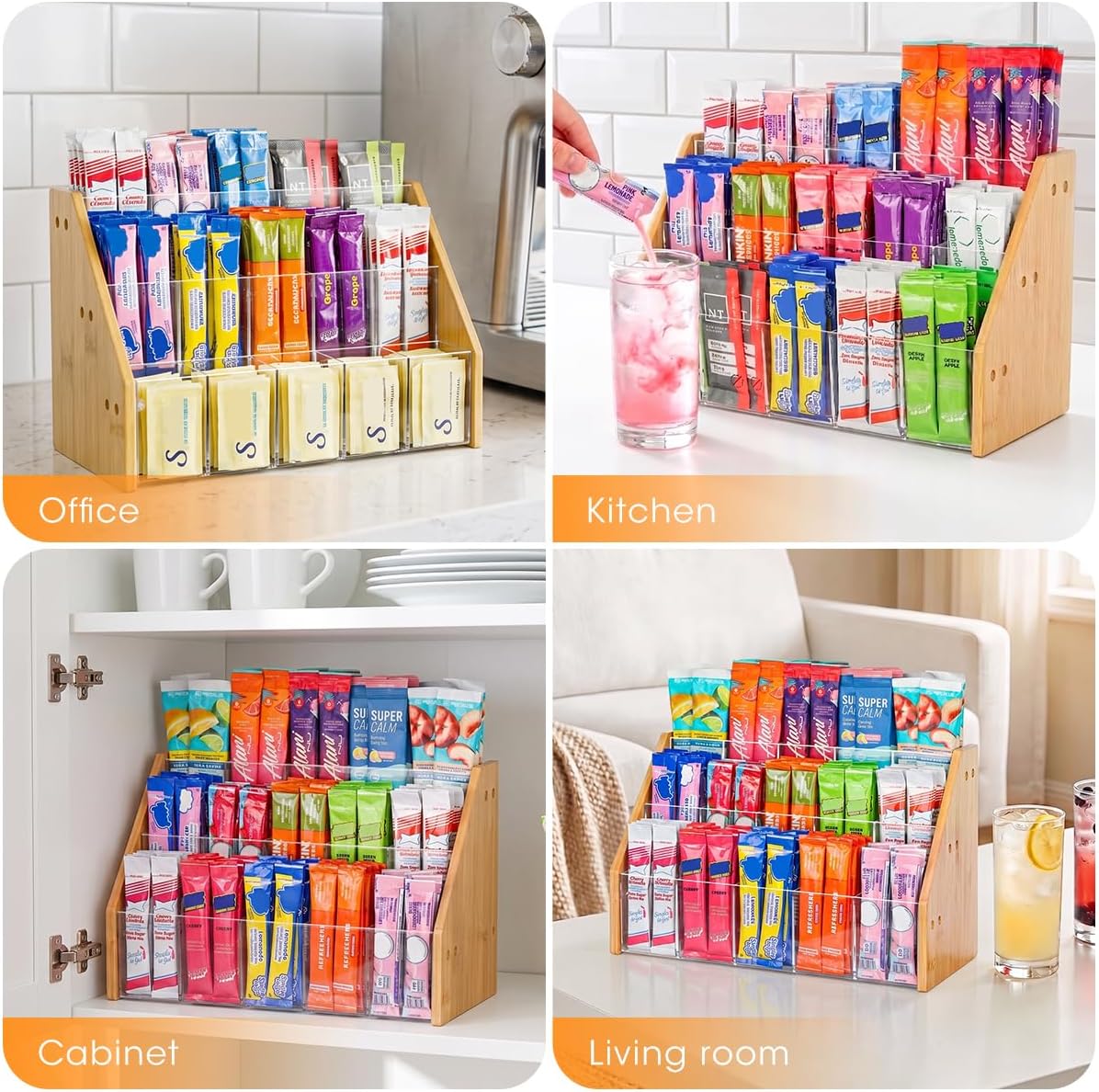 AIEVE Bamboo Drink Packet Organizer, 3-Tier Drink Mix Organizer