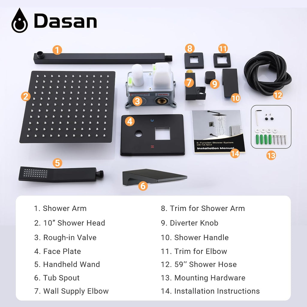 DASAN Tub Shower Faucets Sets Complete Matte Black Bathtub Shower System with Waterfall Tub Spout, Bathtub Faucet Set Tub and Shower Faucet Combo Trim Kit with Valve