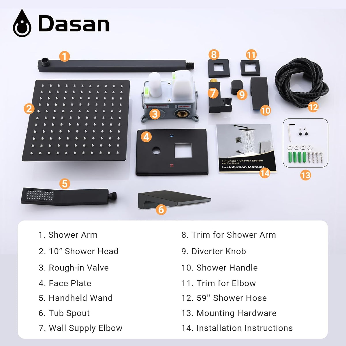 DASAN Tub Shower Faucets Sets Complete Matte Black Bathtub Shower System with Waterfall Tub Spout, Bathtub Faucet Set Tub and Shower Faucet Combo Trim Kit with Valve