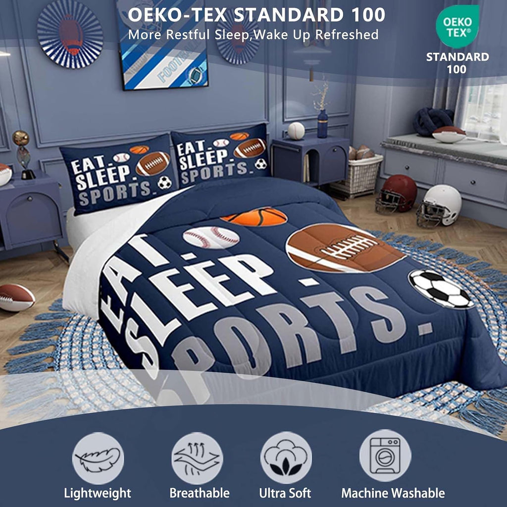 Feelyou Football Comforter Set Twin Size Kids Basketball Baseball Soccer Comforter for Boys Girls Sports Theme Bedding Set Breathable Soft Navy Blue Duvet Quilted Ball Game Room Decor