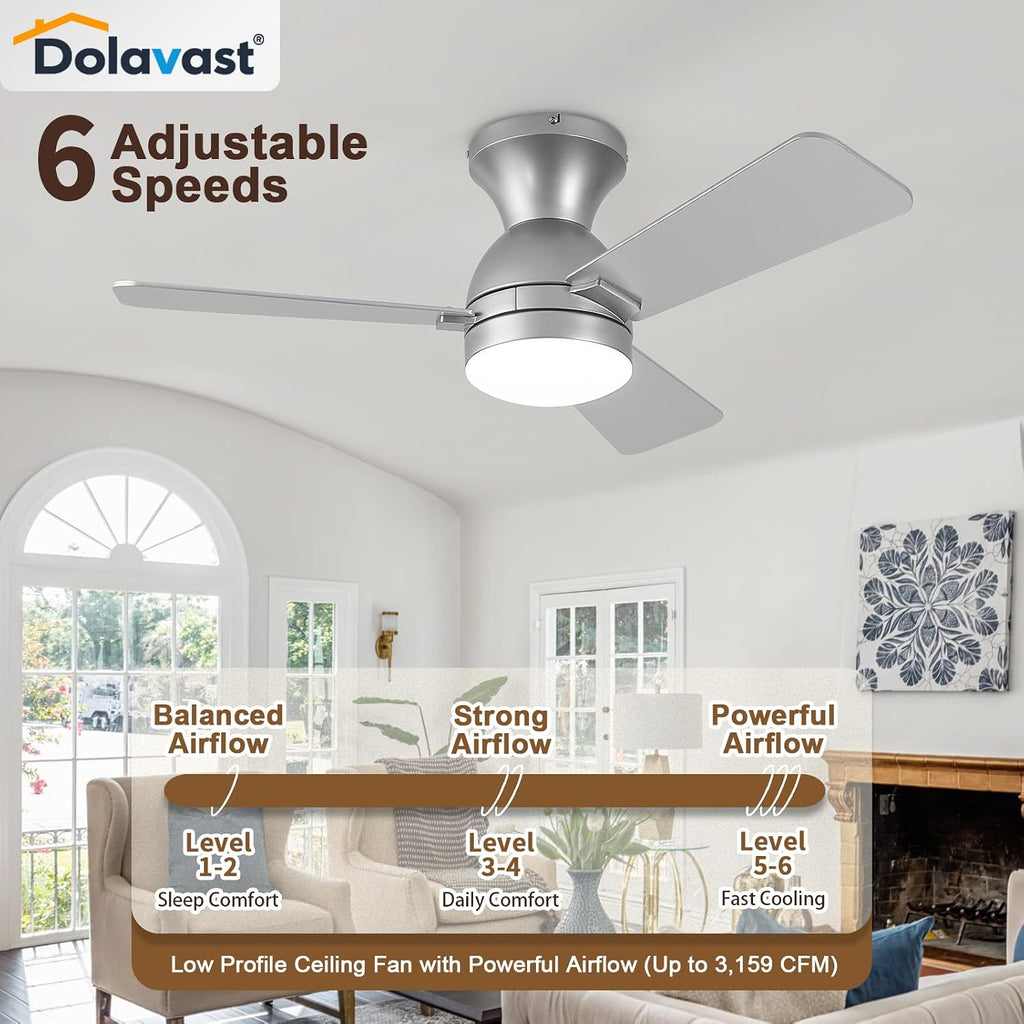 Ceiling Fans with Lights and Remote, 36 Inch Ceiling Fan with Light, Low Profile, Reversible, Dimmable LED, Flush Mount, Quiet, DC Motor, Nickel Ceiling Fan for Bedroom, Kitchen, Dining Room