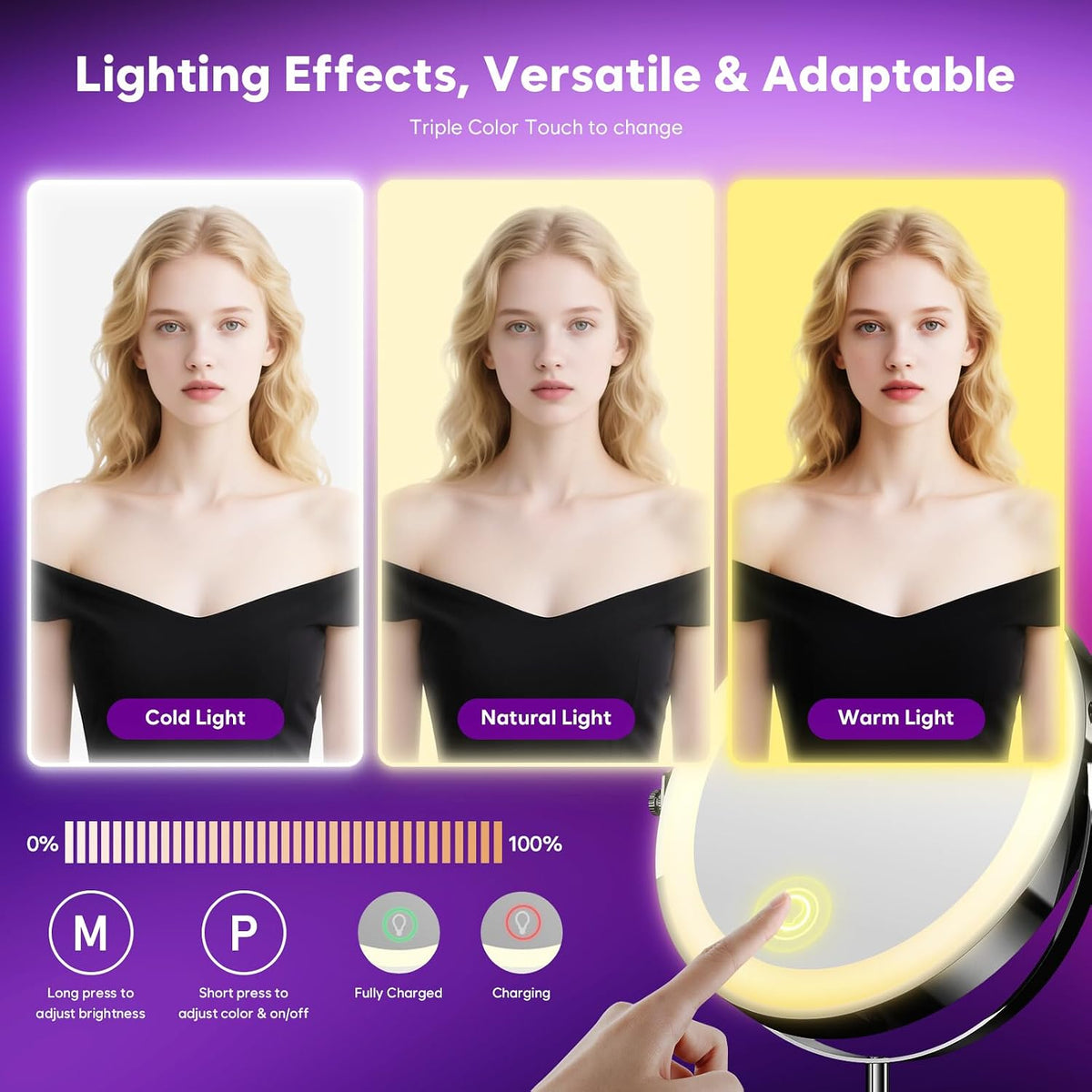 30X Magnifying Makeup Mirror with Lights, Height Adjustable Double Sided Vanity Mirror, 360° Rotation Cosmetic Mirror for Desk Bathroom - Black