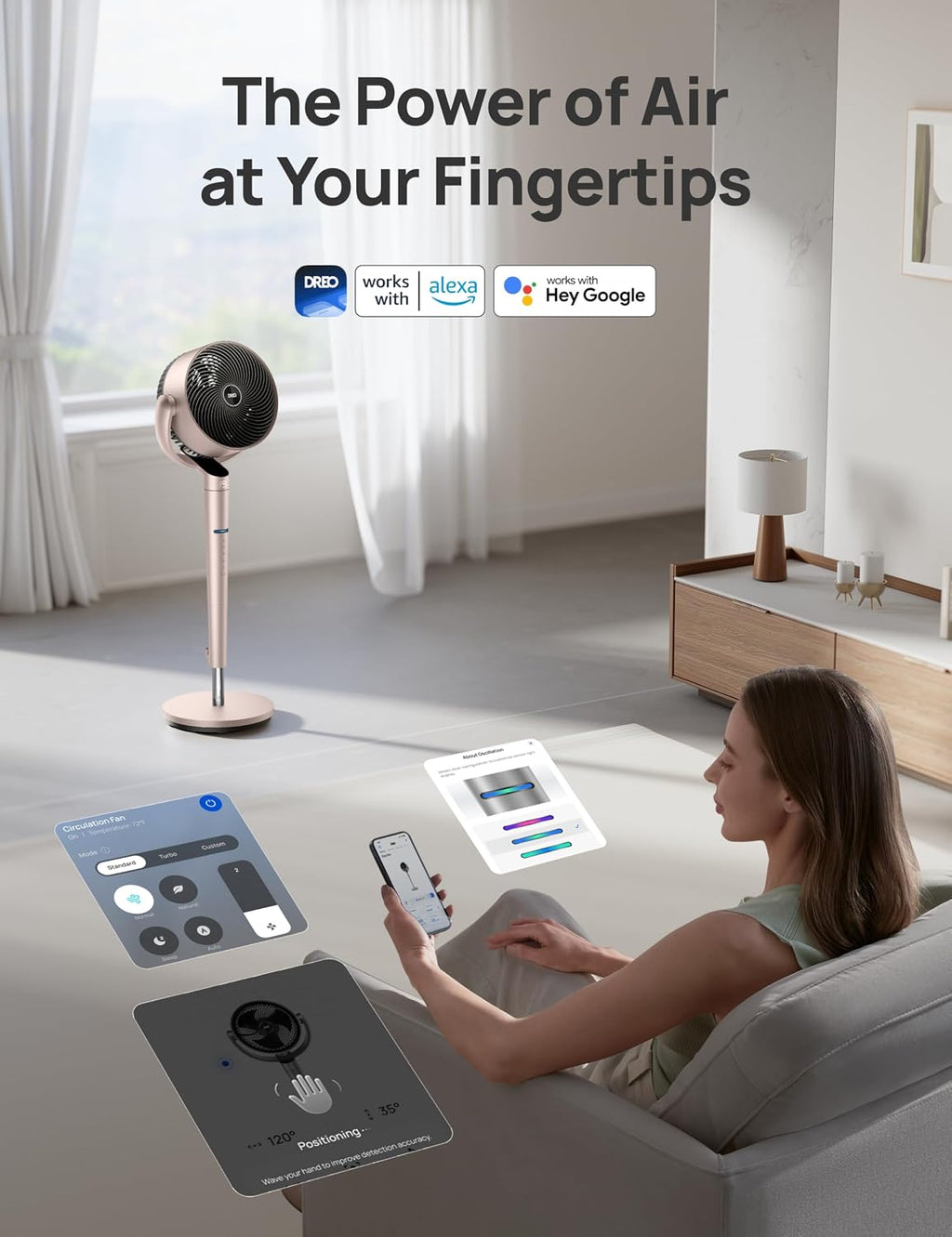 DREO Smart Fan for Bedroom, Position-based Oscillation