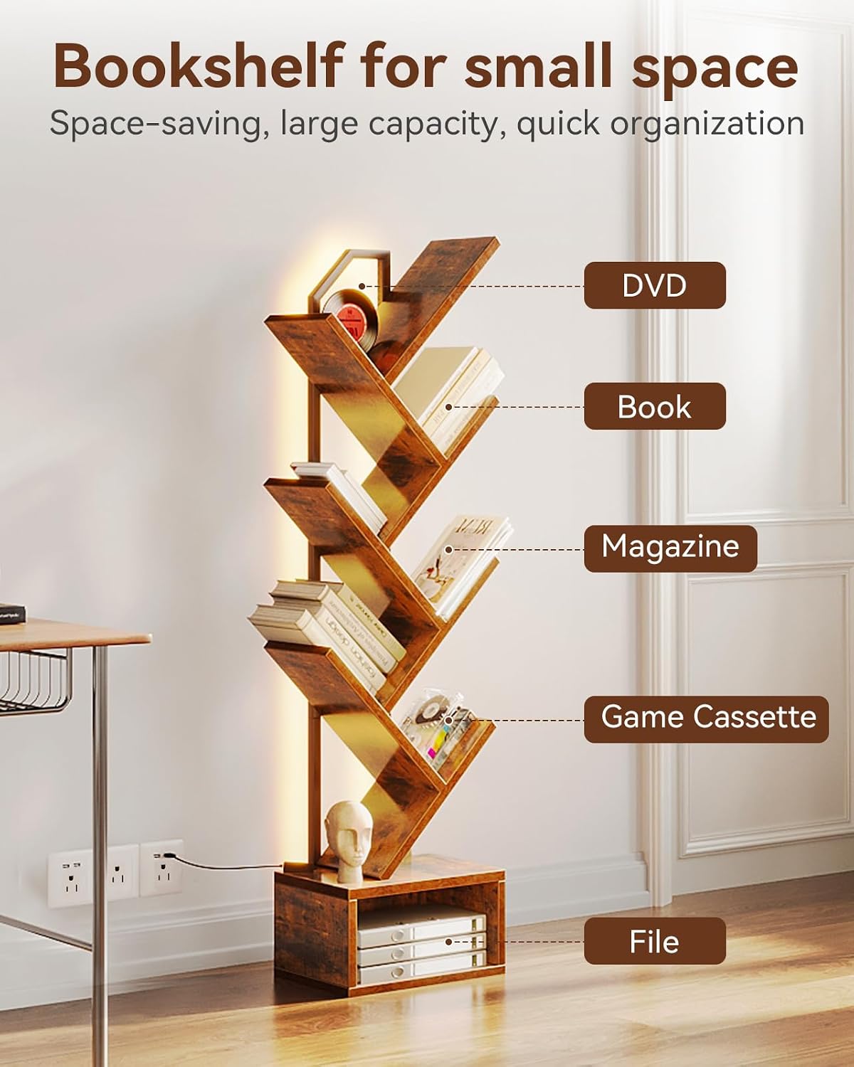 Casaottima Tree Bookshelf with LED Lights, 6-Tier Small Bookshelf, Vintage