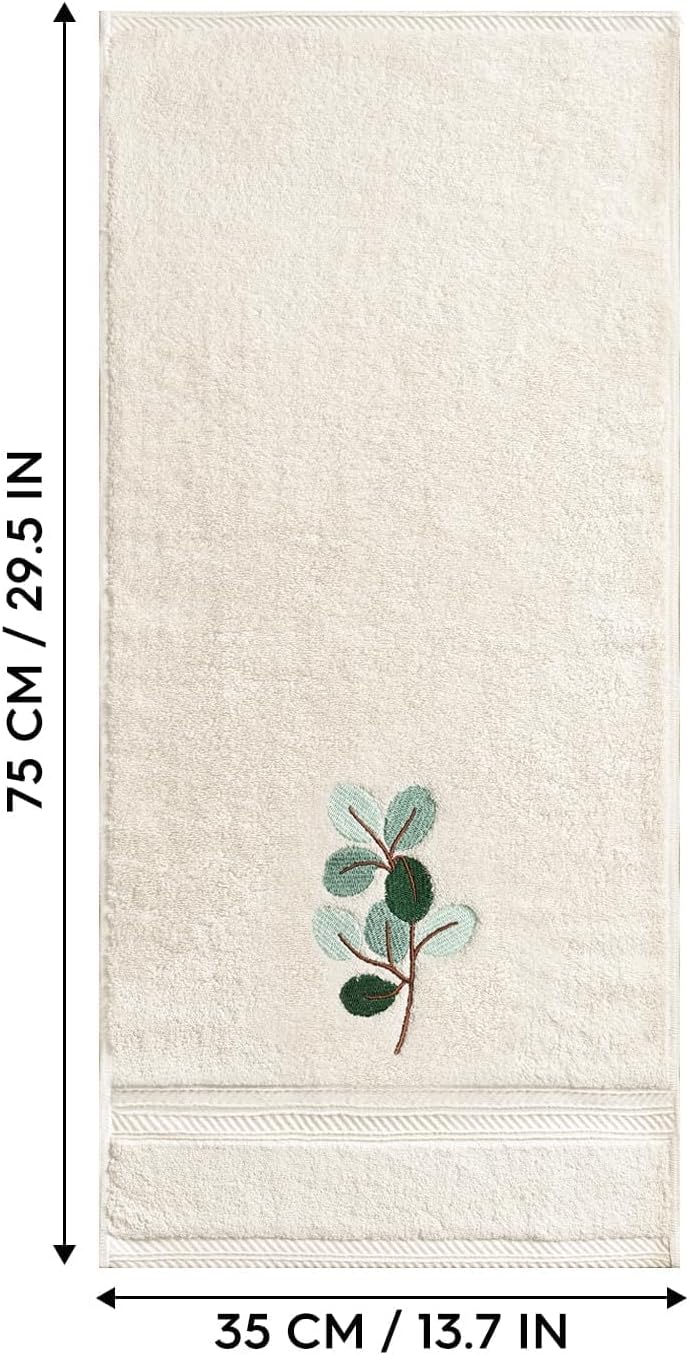Artoid Mode 2 Pcs Beige Eucalyptus Leaves Embroidered Hand Towels for Bathroom, Cotton Soft Absorbent Farmhouse Decor Towels, 13.7 x 29.5 Inch