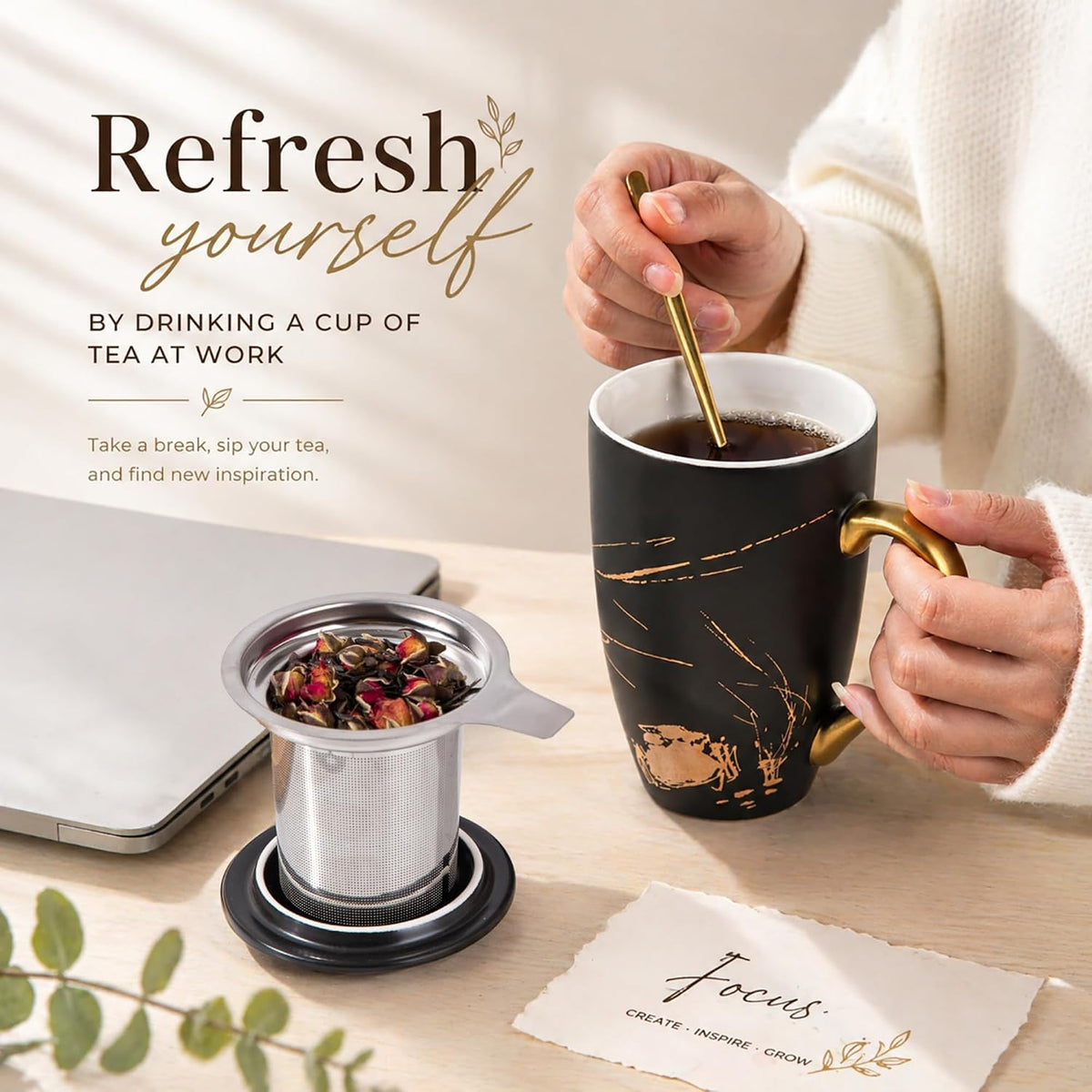 AmorArc Tea Cup With Infuser and Lid, 18oz Loose Leaf Tea Mug With Steeper