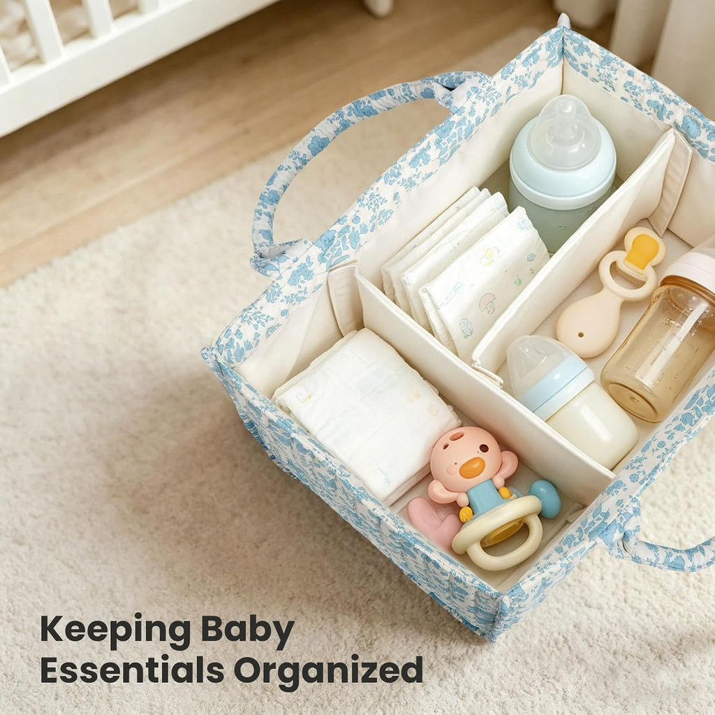 Diaper Caddy Organizer,Cute Floral Nursery Storage Basket,Soft Portable Changing Table Car Caddy Organizer Gift (Blue Floral B)
