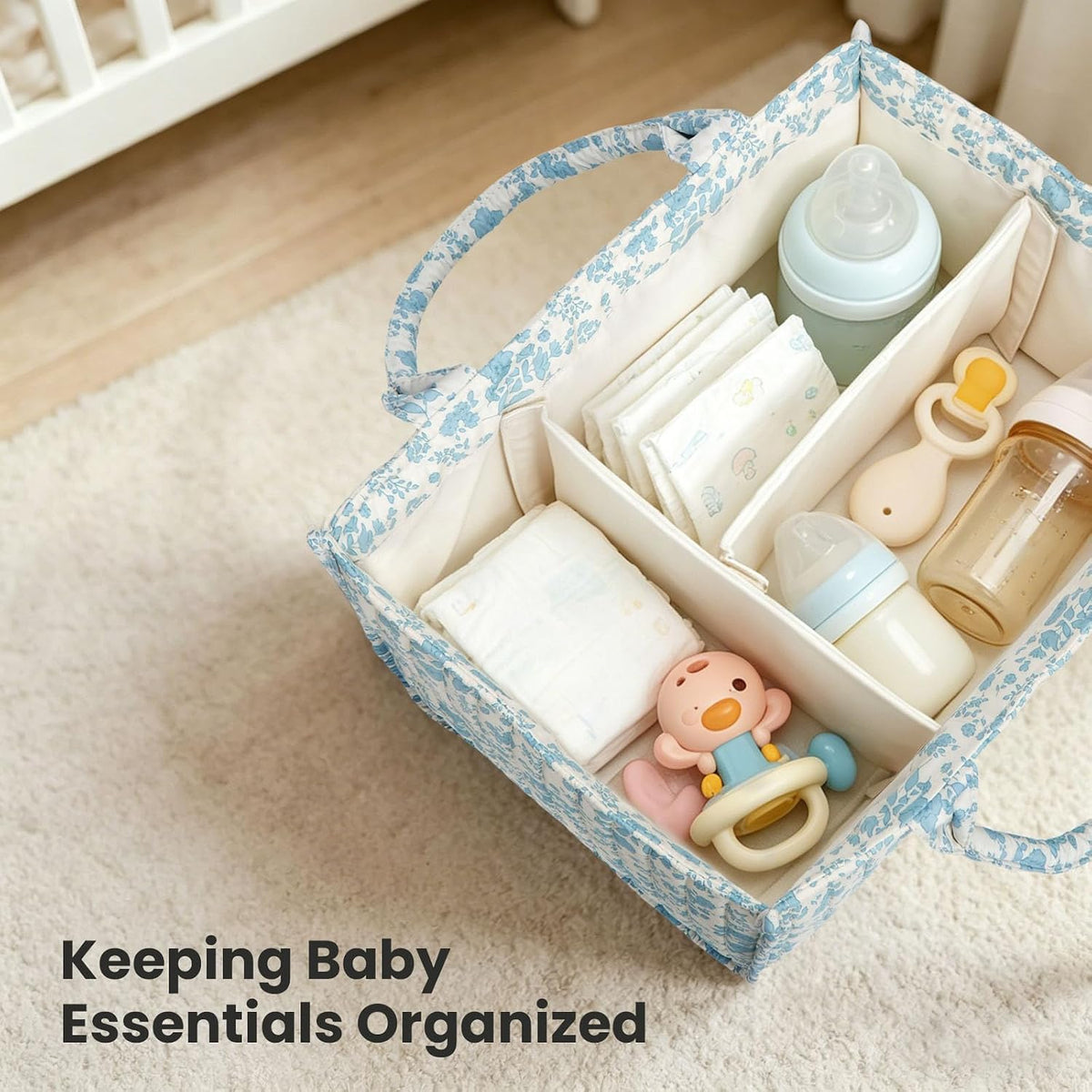 Diaper Caddy Organizer,Cute Floral Nursery Storage Basket,Soft Portable Changing Table Car Caddy Organizer Gift (Blue Floral B)