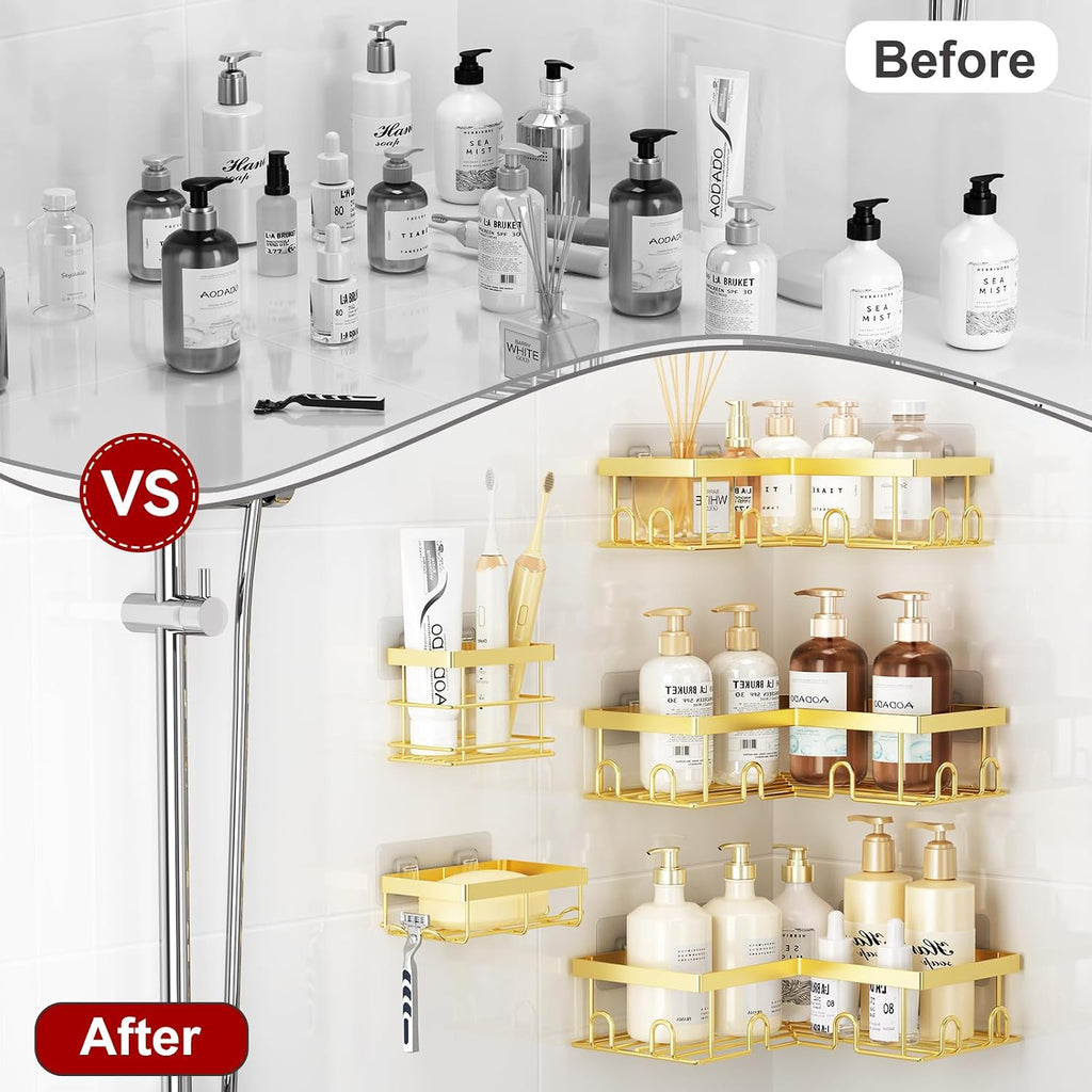 Corner Shower Caddy, 5 Pack Adhesive Stainless Steel Organizer, Gold