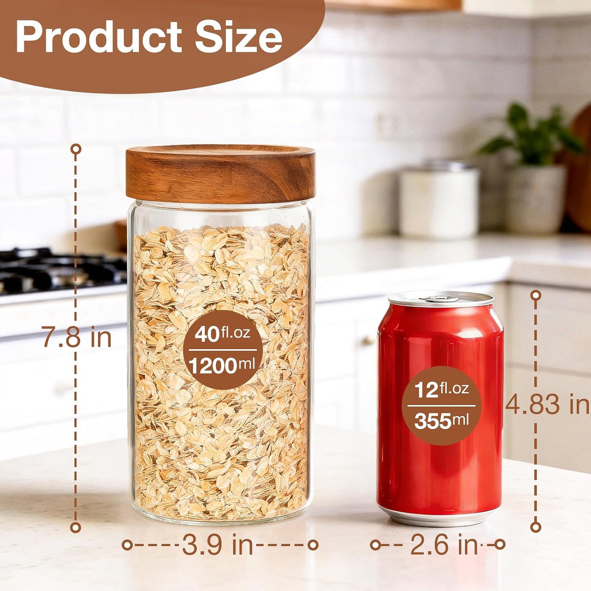 CONNOO 40oz Airtight Glass Storage Containers with Wood Lids (3-Pack)