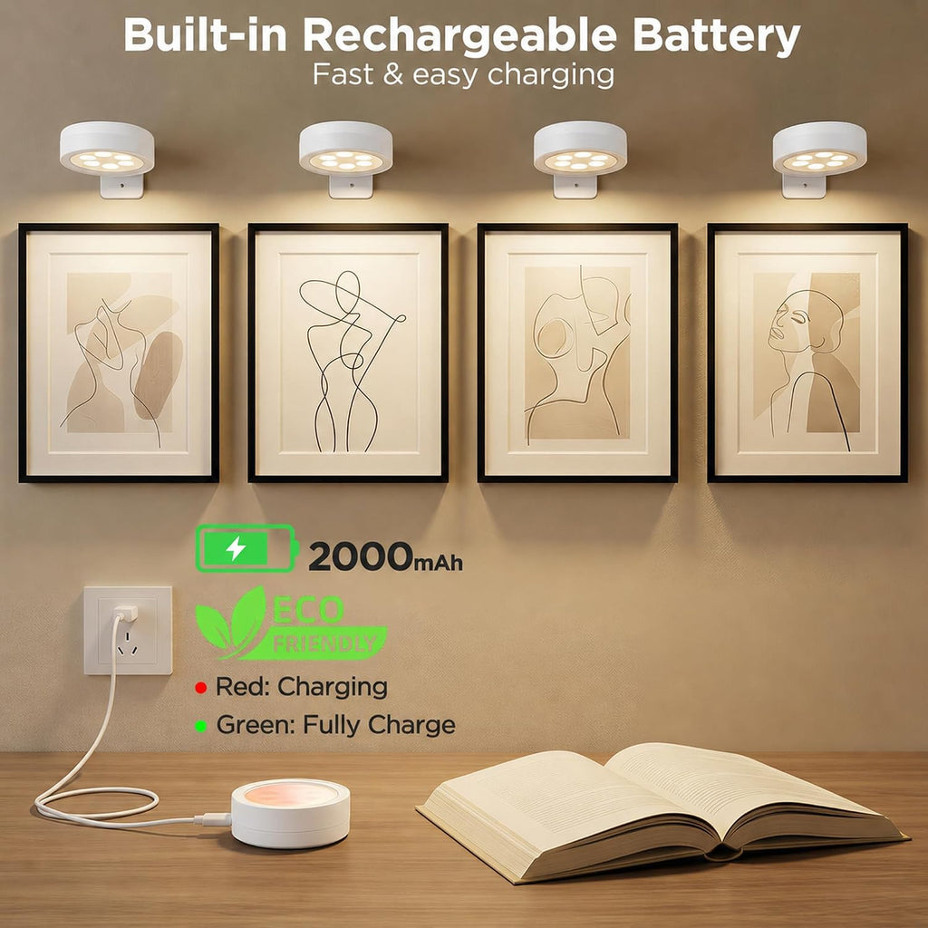 4-Pack Picture Lights for Wall, Rechargeable Wireless Poster Lights, White