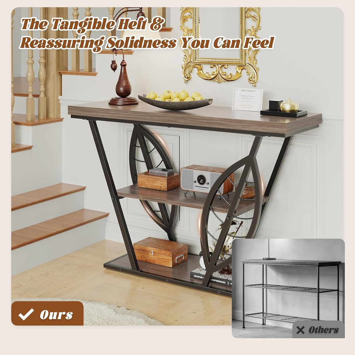 HavenlyYouth Leaf Design Console Table for Entryway, 3-Tier Storage, 30mm Thick Industrial Metal Frame, Easy-to-Assemble Narrow Accent Table, Space-Saving for Hallway, Entrance, Foyer.Gray