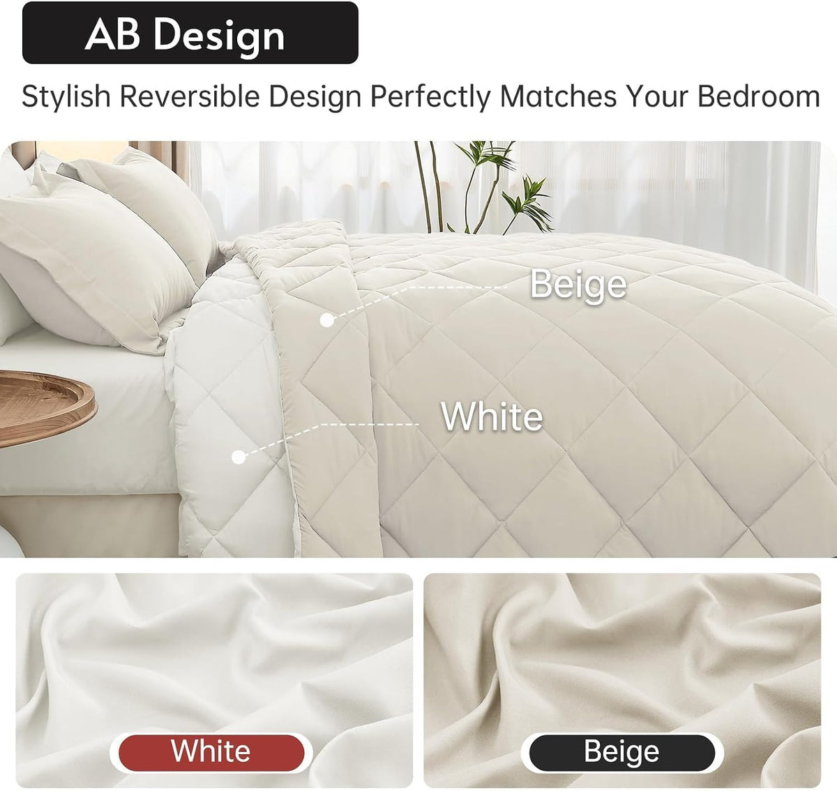 MUXHOMO Queen Comforter Set 7 Pieces, Reversible Bed in a Bag, Beige/White