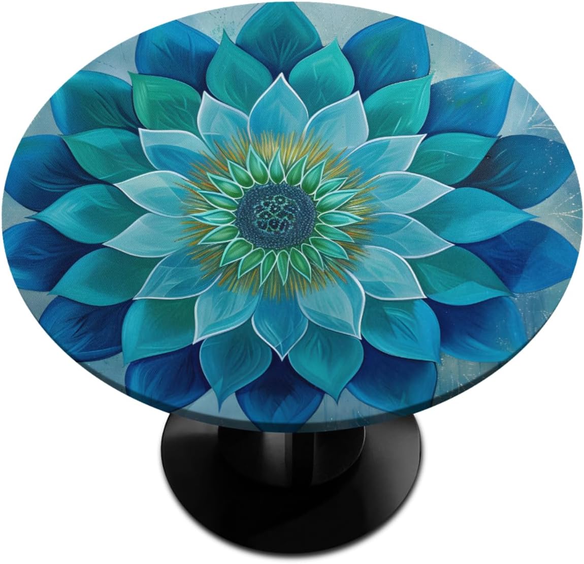Pardick Teal Flower Round Fitted Tablecloth Mandala Floral Round Table Cover with Elastic Waterproof Wipeable Circle Outdoor Table Cloths for Party Patio Kitchen Decor Fit 40"-44" Tables Pad