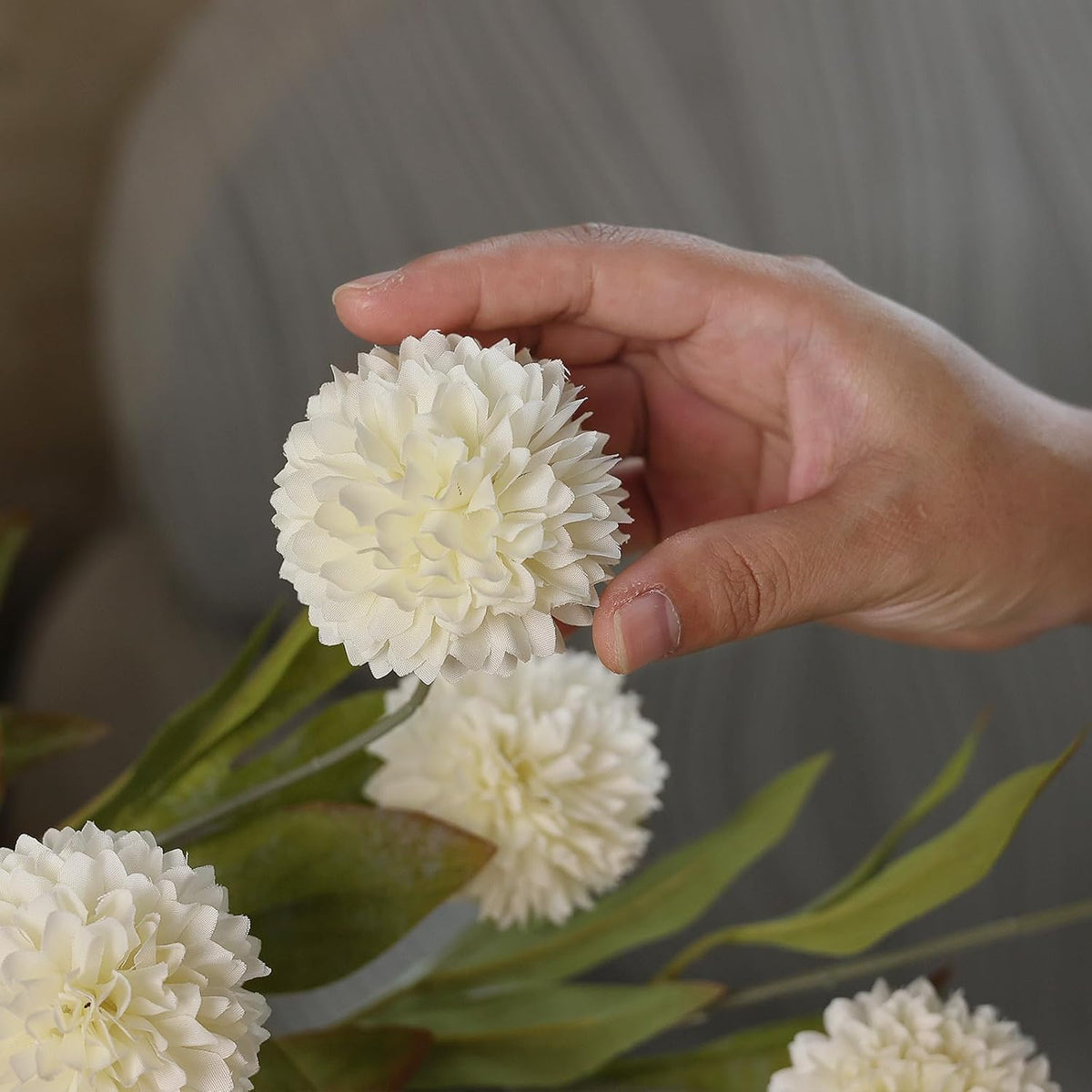 VIERENA 6 Pcs 27" Artificial Pompon Mum Silk Flower Stems for Vase (Cream)