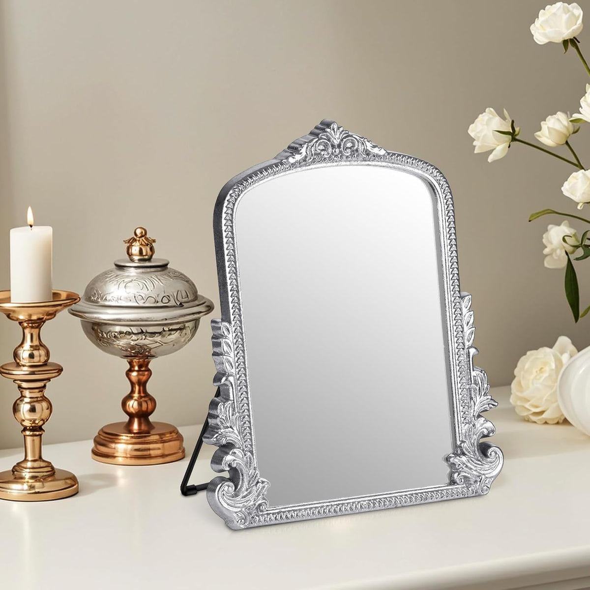Vintage Makeup Mirror, 12"x 9.8" Silver Vanity Desk Antique Tabletop Mirror