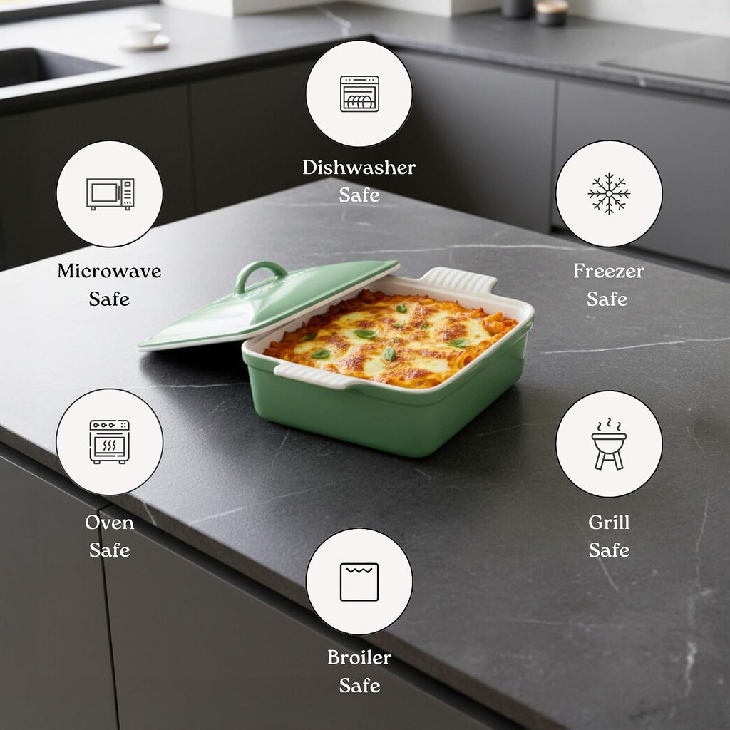Square Stoneware Casserole Dish with Lid, 2.5 Qt, Glossy White