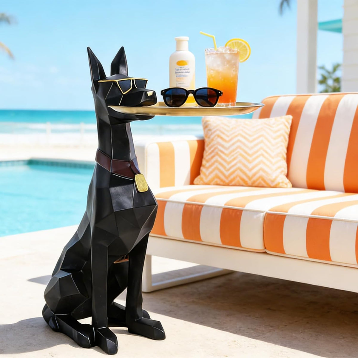 29-Inch Black Resin Geometric Doberman Statue with Tray, Dog Side Table