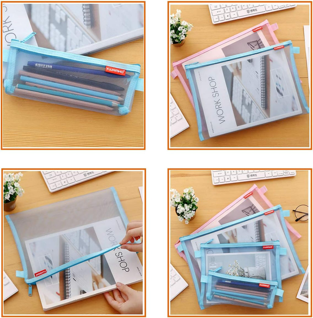 Zipper Mesh Bags, 5 Pack Pencil Pouch Set, Lightweight Nylon, Pink
