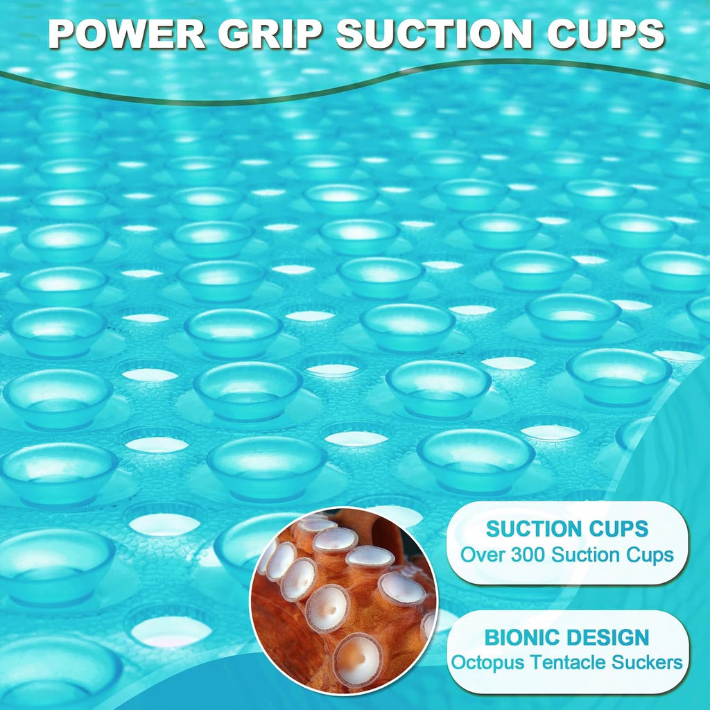 Bathtub and Shower Mats, 40x16 Inch Extra Large Non Slip Soft Bath Tub Mat with Suction Cups and Drain Holes for Bathroom Floor and Keep Tubs Clean, Machine Washable, Clear Turquoise