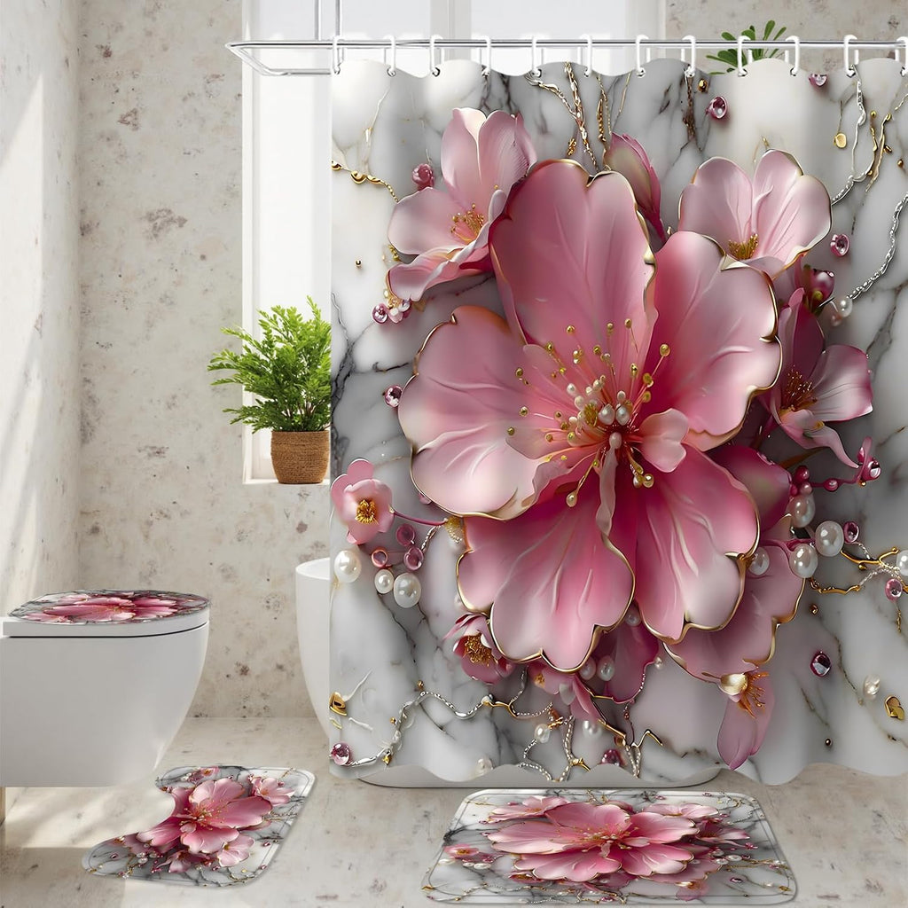 AZHM 4pcs Pink Marble Floral Bathroom Shower Curtain Set with Rugs
