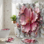 AZHM 4pcs Pink Marble Floral Bathroom Shower Curtain Set with Rugs