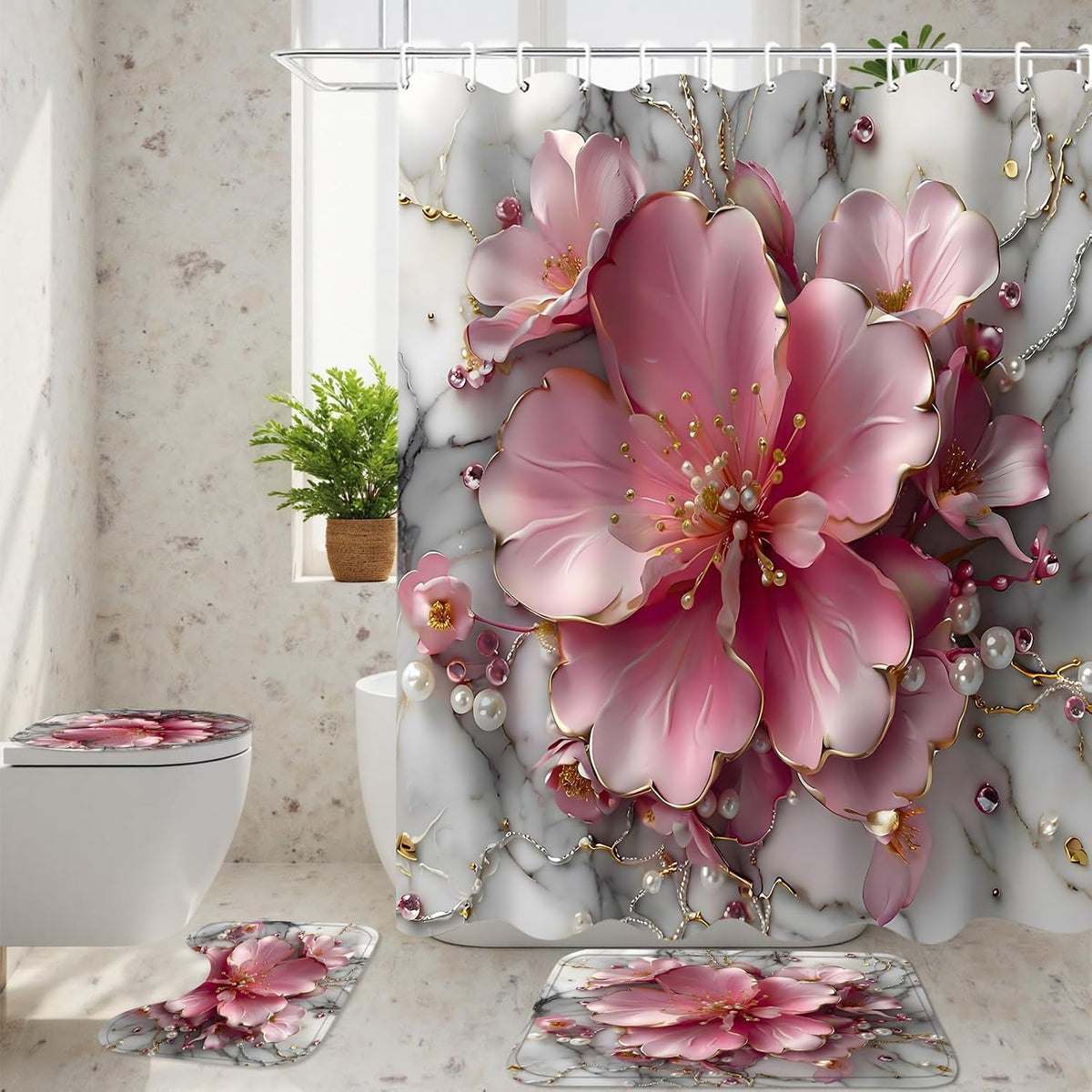 AZHM 4pcs Pink Marble Floral Bathroom Shower Curtain Set with Rugs