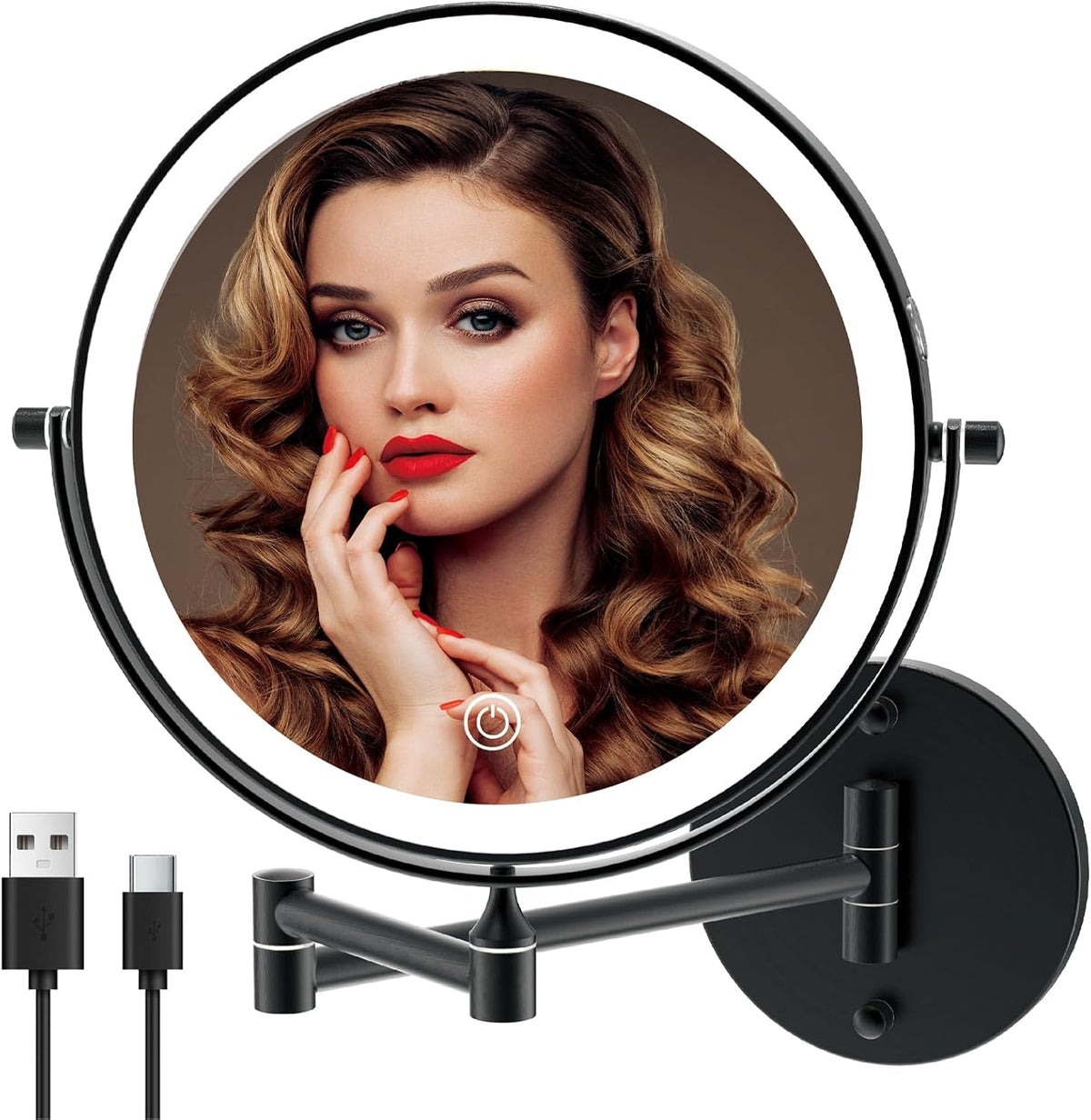 8" Wall Mounted Lighted Makeup Mirror, 1X/10X, Gold