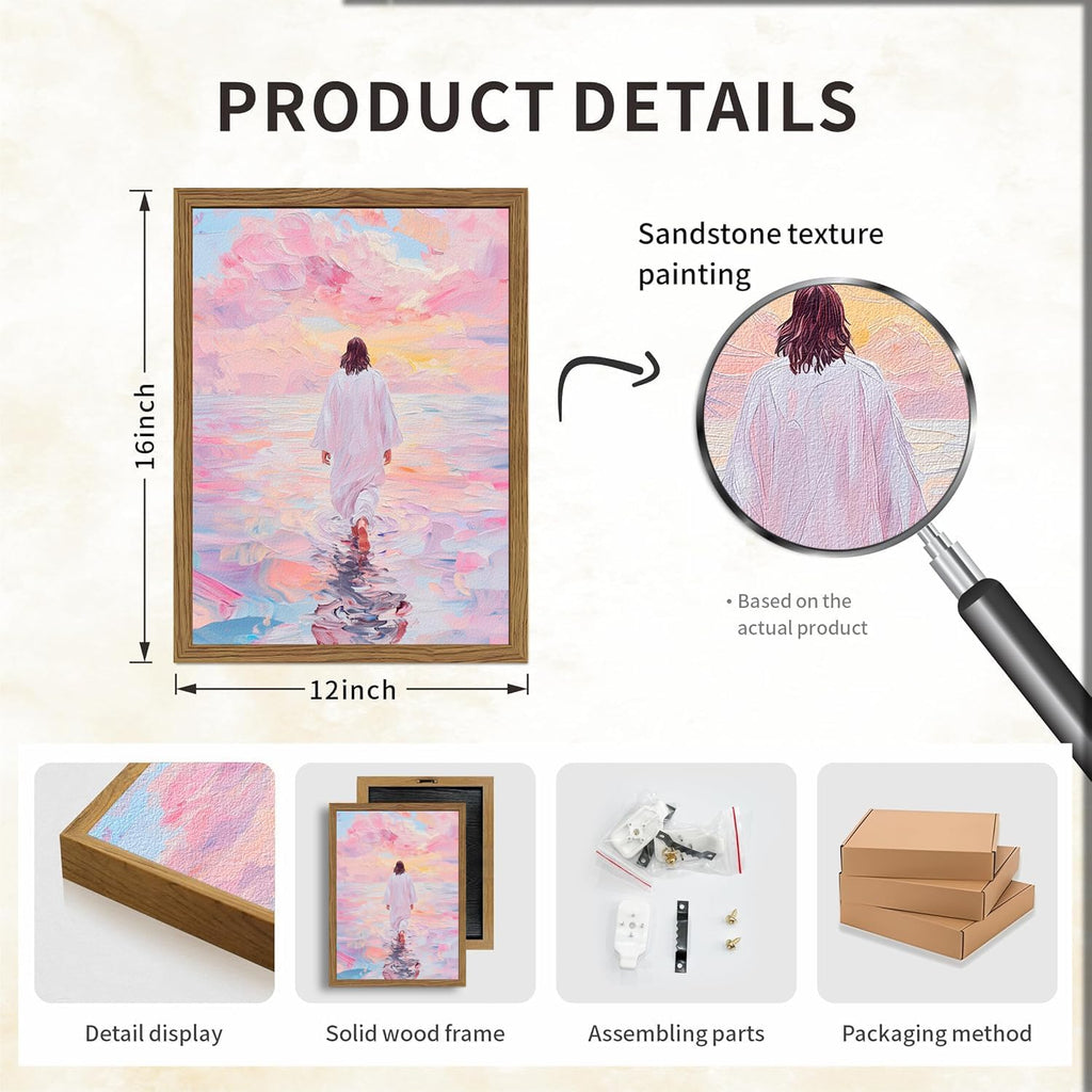 Pink Jesus Walking On Water Wall Art, Frame 3D Textured Hand Drawn Sandstone Christian Wall Decor Paintings Religious Savior Pictures for Living Prayer Room Bedroom, 12x16 in Wood Framed