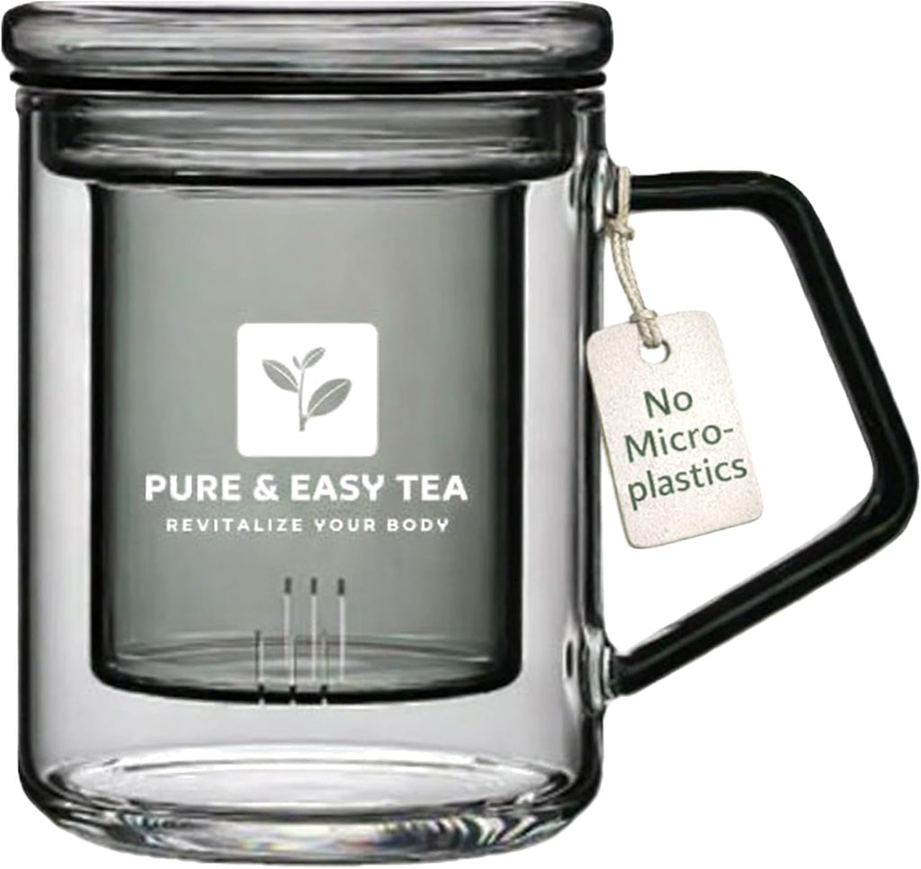 Pure And Easy Tea, Glass Tea Infuser Mug with Lid - Plastic-Free Borosilicate Steeping Cup for Loose Leaf Tea and Tisanes, 400 mL/13.5 oz